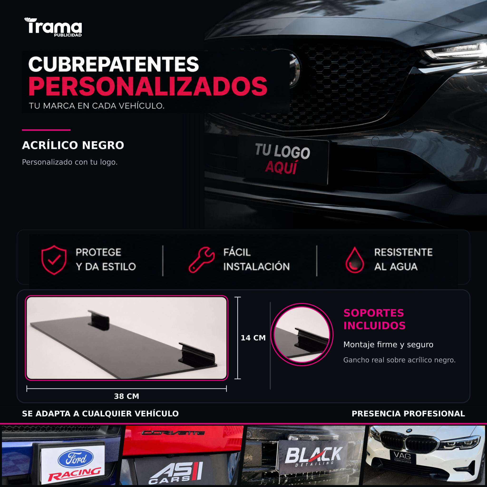 Porta patente personalizado Trama: tu logo impreso en el porta patente de tu auto. Protege y da estilo, fácil instalación, resistente al agua.
